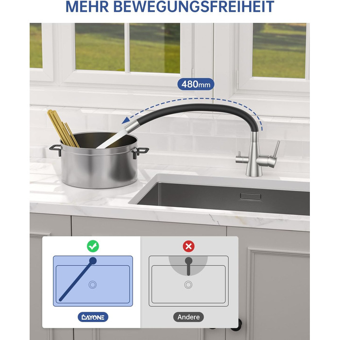 Кухонний змішувач Dayone з висувним виливом, нержавіюча сталь SUS304, високий тиск, 360° обертання, 2 функції, для кухні