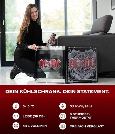 Міні-холодильник AC/DC CUBES 48 л з скляними дверцятами та змінним напрямком відкривання | Тихий та енергоефективний (39 дБ) | Ідеально підходить для бару, офісу та геймінгу | Культовий дизайн для шанувальників року