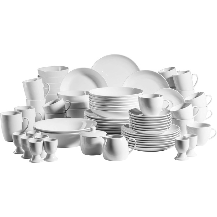 MÄSER Barca Series, Extensive Dinnerware Set for 8 People, 68-Piece Combination Service in a Modern, Rimless Shape, Round, White Complete Service 68-Piece, 8 People.