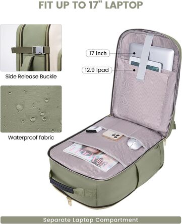 Рюкзак LOVEVOOK для ручної поклажі літака, 40L, водонепроникний, з відділенням для ноутбука 17 дюймів, для подорожей, школи, роботи, кемпінгу (зелений + бежевий + чорна шкіра)