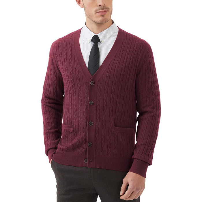 Чоловічий кардиган Kallspin з вовняної суміші, в'язаний з косами, з ґудзиками та кишенями, XL, Бордовий