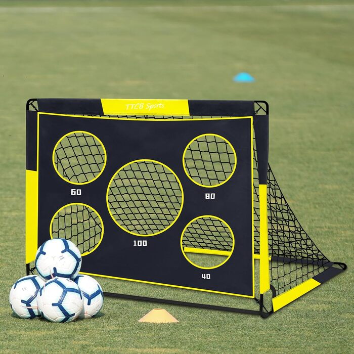 TTCB Sports 2-in-1 Kids Soccer Goal - Outdoor Football Goal with 5 Target Zones, Pop Up Soccer Goal Net & Carry Bag, Ideal for Football Training Equipment or Gifts for Boys (Yellow, 90x90x120cm)