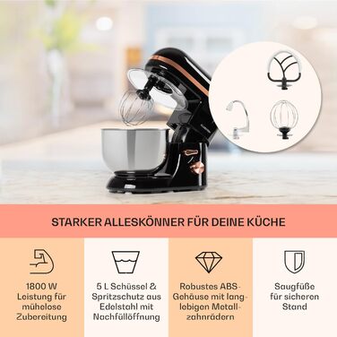 Klarstein 5L Stand Mixer - 2000W Kitchen Machine with Dough Hook & Whisk - 6 Speed Universal Mixer for Baking & Cooking (Black)