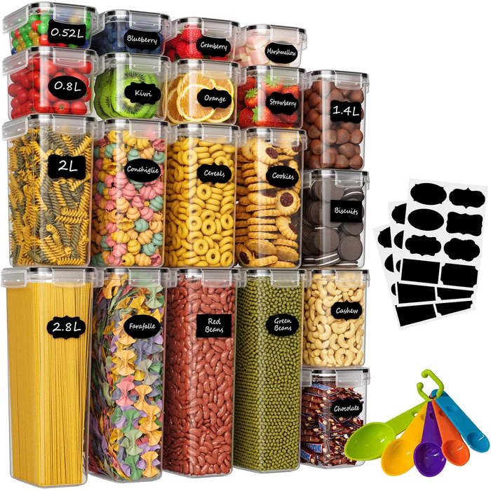 Набір контейнерів для зберігання Withosent 20 шт. з герметичними кришками, 2.8L, 2L, 1.4L, 0.8L, 0.52L - для кухні, круп, мюслі, борошна