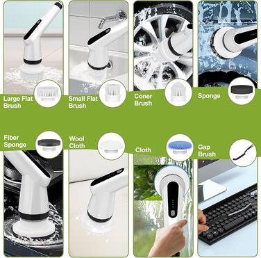 Електрична щітка для прибирання з 7 насадок, водонепроникна IPX7, регульована ручка, для ванної, кухні, підлоги, авто, біла