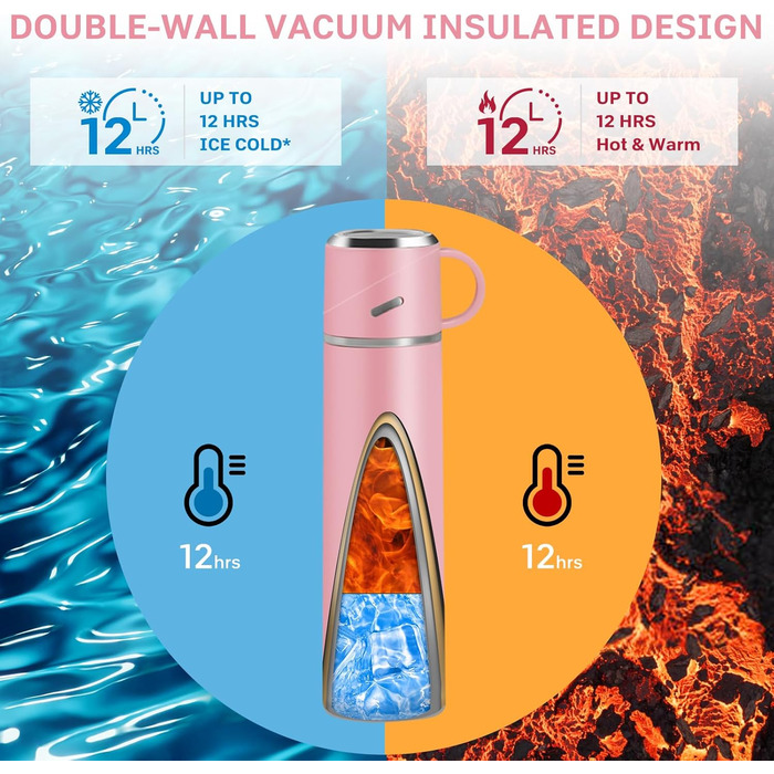 Термос IAGORYUE з нержавіючої сталі, 0.55л, з ізоляцією та кришкою без витоку, з ручкою. Подвійні стінки, зберігає температуру 12 годин. Для спорту, офісу, відпочинку на природі (Рожевий)
