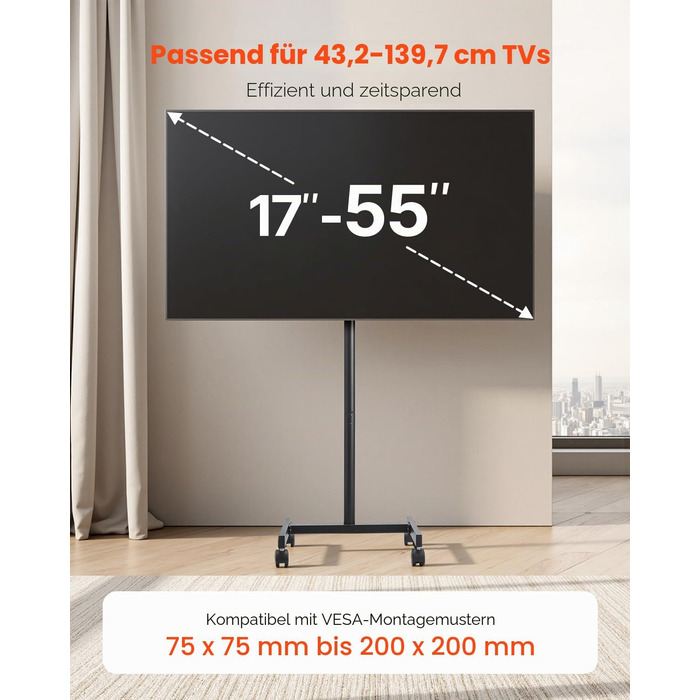 Стійка під телевізор VEVOR мобільна на колесах, 1510-1696 мм, VESA 100x100/400x600 мм, до 59.8 кг, для телевізорів 17-55 дюймів