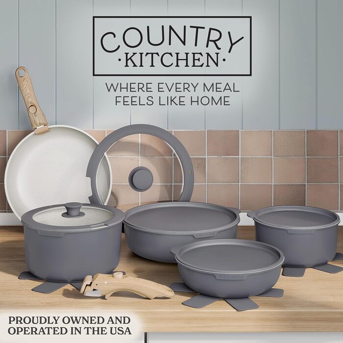 Набір посуду Country Kitchen 16 предметів з керамічним антипригарним покриттям, дерев'яні ручки, для дому та кемпінгу, придатний для духовки (кремовий/сіро-бежевий)