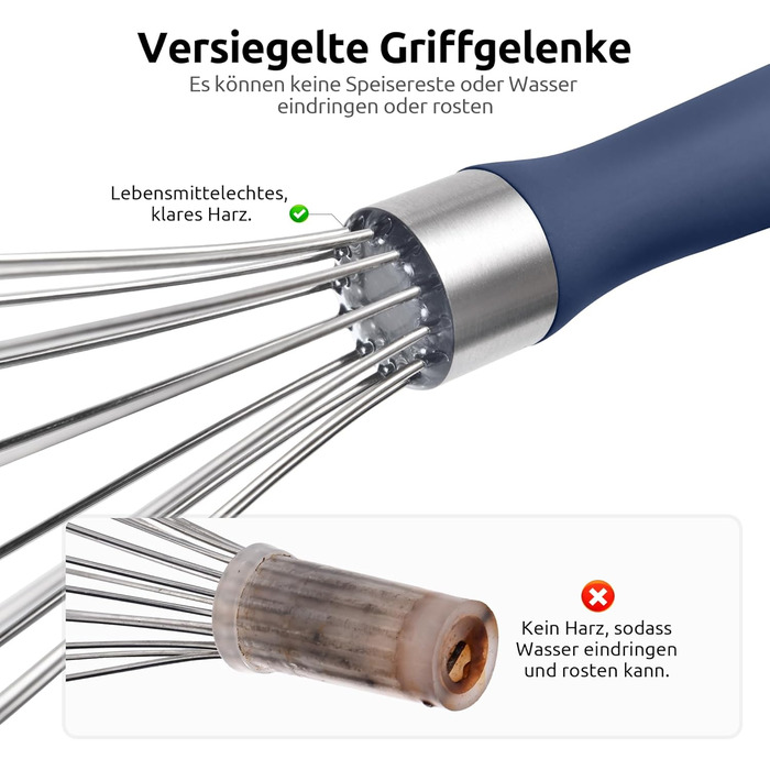 Міксер кухонний U-Taste, 30 см, нержавіюча сталь 18/10, 12 гнучких дротів, силіконовий грифель, для тіста та соусів, великий, колір: Місячна блакить