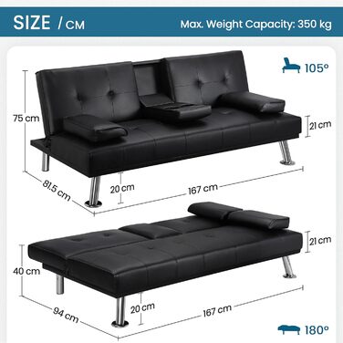 Yaheetech 3-Seater Convertible Sofa Bed with Cup Holders and Guest Bed