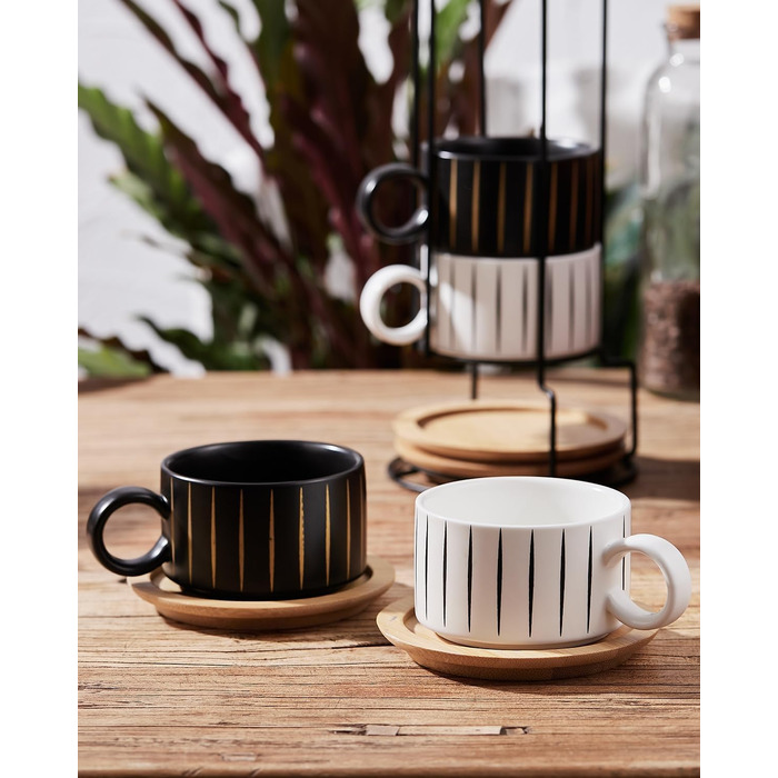 Набір кавових чашок Cappuccino HOME DECOR (4 шт.) 160 мл з підставками та стійкою - 160 мл, кераміка, для еспресо, капучино, лате, Stripe