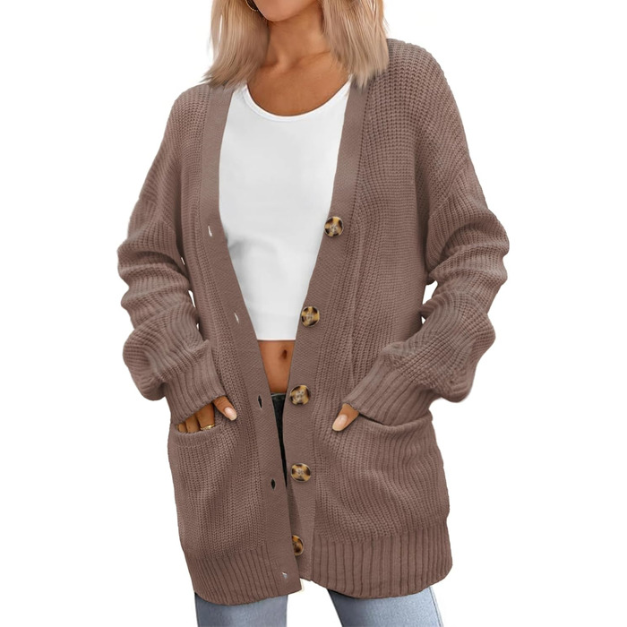 Жіночий в'язаний кардиган Zeagoo з довгим рукавом, вільний крій, V-подібний виріз, грубий в'язання, на кнопках, кавовий колір, розмір XL