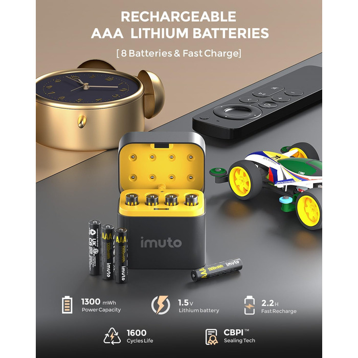 Акумулятори AAA Imuto 8 шт. з зарядним пристроєм, 1300 мАг, Li-ion, 1.5V