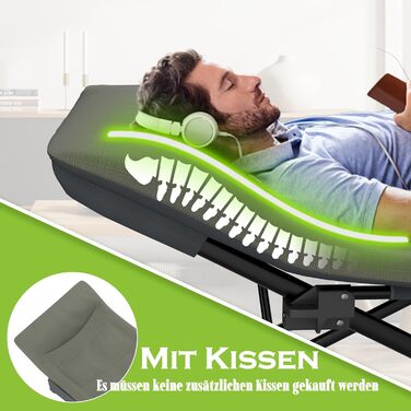 Розкладне ліжко-крісло для кемпінгу 185x75 см з матрацом, подушкою та кишенею, до 250 кг, для відпочинку на природі, саду та риболовлі