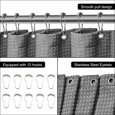Шторка для душу Waffel сірого кольору 183x198 см - текстильна, з поліестеру, з магнітною фіксацією та 12 кільцями, непрозора та водовідштовхувальна для ванної кімнати, сіра, 1 шт.