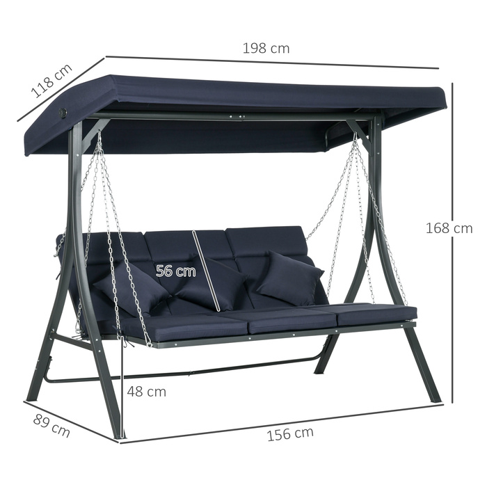 Outsunny Hollywood Swing, 3-Seater, Holds up to 270 kg (595 lbs), Swing Bench with Adjustable Canopy, Garden Swing with Cushions | Aosom