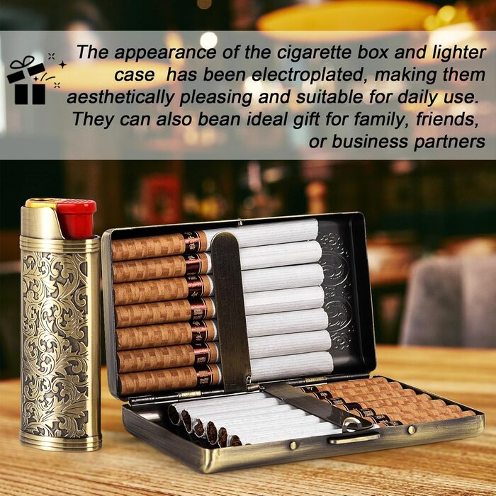 Вінтажне металеве етолюшка для сигарет з запальничкою J6, вміщує 12 шт. сигарет (100 мм), RFID картки та гроші (Бронза)