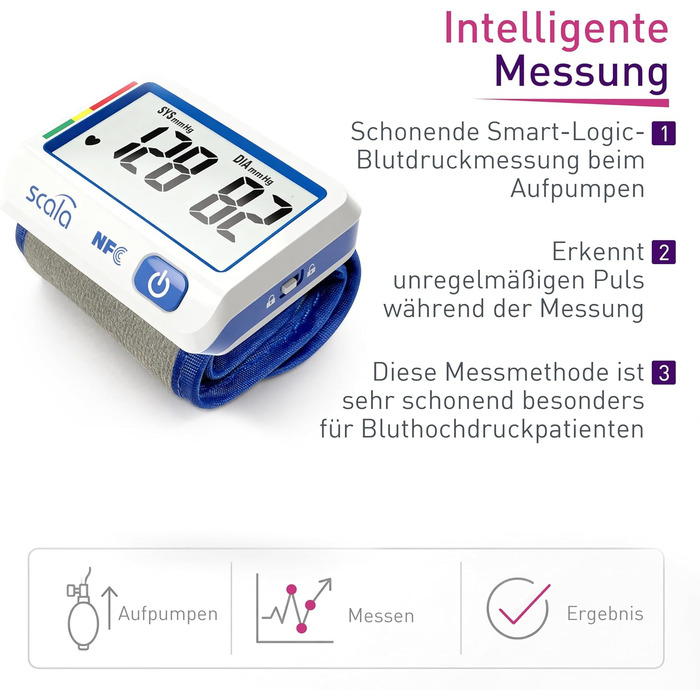 Тонометр на зап'ястя Scala SC 6027 NFC - точний вимірювач артеріального тиску з індикатором ВООЗ, 85 місць пам'яті, Fuzzy Logic, з коробкою та батарейками, манжета 13,5-19,5 см