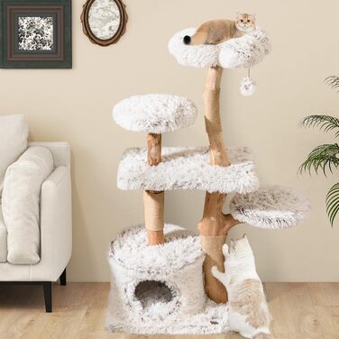 Дерев'яна кігтеточка для котів Costway 87 см з гамаком та джутовими стовпами, білий кігтеточний комплекс з 2 стовпами та печереєю