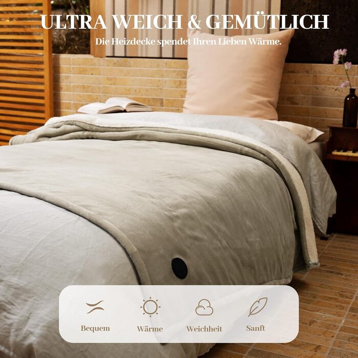 Електрична ковдра GOTCOZY 130x180 см з 10 режимами нагріву та таймером, що вимикається, пральна, бежева