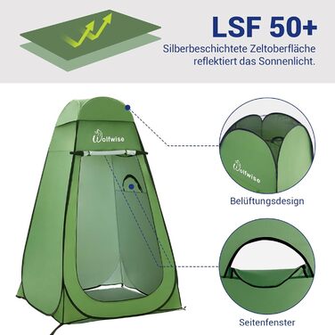 WolfWise Pop-Up Shower Tent with UV Protection - Portable Camping Toilet Tent, Changing Room, Outdoor Privacy Shelter - Green with Floor & Roof