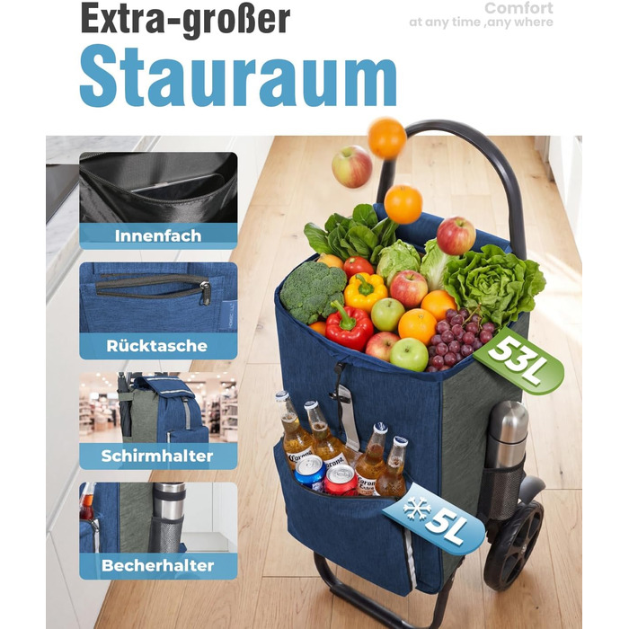 Складаний візок для покупок Homecall 50L з охолодженням та сумкою, 3 в 1 (блакитний & сірий)