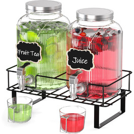 2 шт. скляні диспенсери для напоїв на 4 л з краном, металевий стійка та мірний стакан, для соку/коктейлів/трав'яного чаю, диспенсер для соку на вечірки та весілля