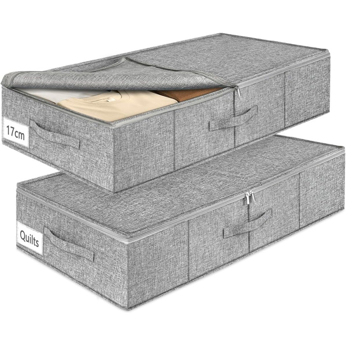 Коробки для зберігання під ліжко MePure, сірі, 2 шт. – 50л, з кришкою та блискавкою, для одягу, ковдр, постільної білизни, подушок, 76×38×17 см