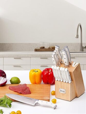 D.Perlla 14-Piece Self-Sharpening Knife Block Set - Professional Stainless Steel Kitchen Knife Set with Plastic Handle & Wood Block