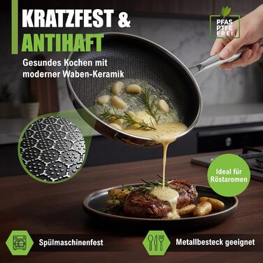 Пательня керамічна 26 см з нержавіючої сталі, антипригарна (без PFAS/PTFE), 5-шарова, індукція, духовка, посудомийна машина, зелена