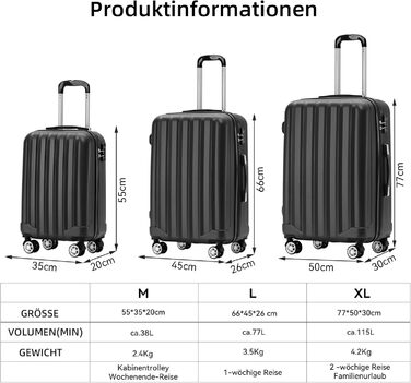 BEIBYE TSA Lock 2080 Twin Rollers 3-Piece Travel Suitcase Set Luggage Set Trolley Trolleys Hard Shell (Black)