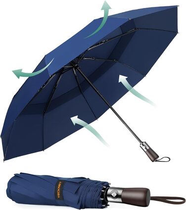 TECKNET Автоматичний парасолька, стійкий до вітру, легкий у використанні, синій
