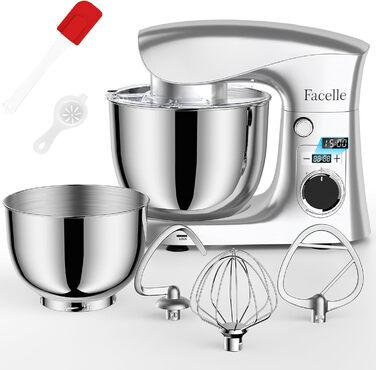 Кухонна машина-міксер Facelle 1500W з 5.5/4.5л чашею, 10+ програм, тиха робота, набір насадок (крюк, вінчик, віночок, захист від бризок)