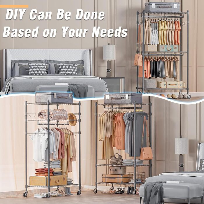 Double Clothes Rack/Garment Rod with Adjustable Shelves, Heavy-Duty Clothes Rack with 2 Hooks, Clothes Rack with Wheels, 90 * 42 * 205cm, White (Gray, 60*42*205cm)