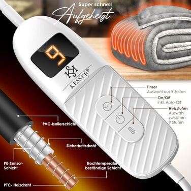 Електрична гріюча ковдра KESSER® 180x130 см з автовимкненням | 9 температурних режимів | Зручна ковдра на ліжко та диван | Можливість прання до 40°C | Сіра | з таймером та цифровим дисплеєм