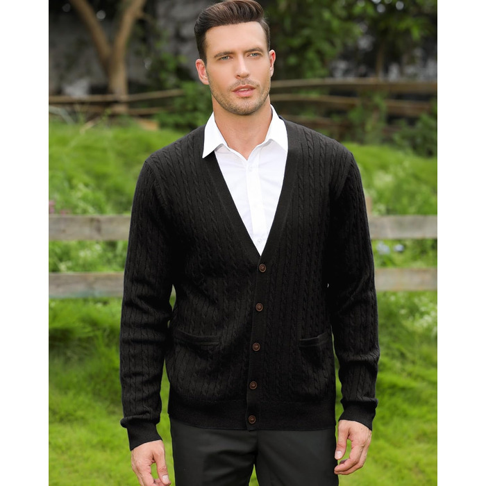 Чоловічий кардиган Kallspin з в'язаного з мікрофібри з косими візерунками, з ґудзиками та кишенями (S, Чорний)