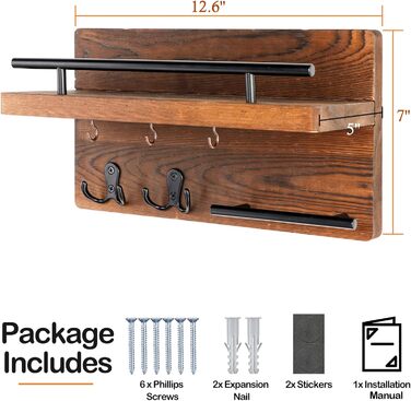 Настінна вішалка для ключів на 5 гачків, дерев'яна дошка для ключів з полицею, настінний органайзер для ключів, рустикальна вішалка для ключів, органайзер для ключів, декор для дому (колір: коричневий)