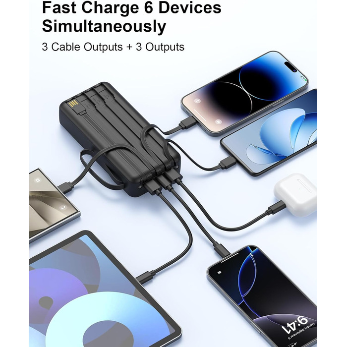 Портативний зарядний пристрій Power Bank 20000mAh, 22.5W, з LED дисплеєм, 6 виходів, 2 входи, сумісний з iPhone, Samsung, Pixel (Чорний)