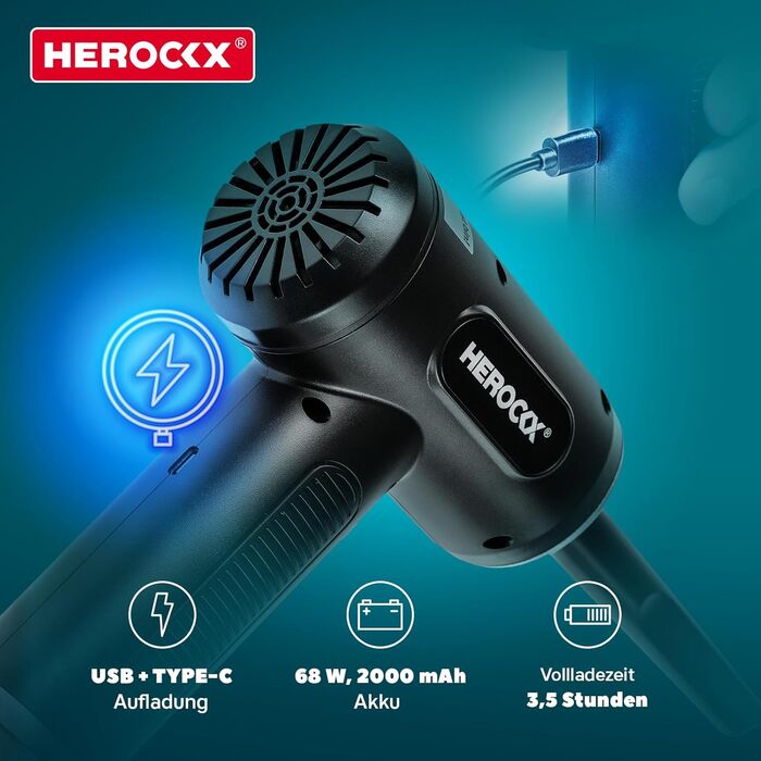 Електричний пилосос-фен HEROCKX, 3 швидкості, LED-ліхтар, акумулятор 2000mAh, зарядка Type-C, для чищення ноутбука, авто