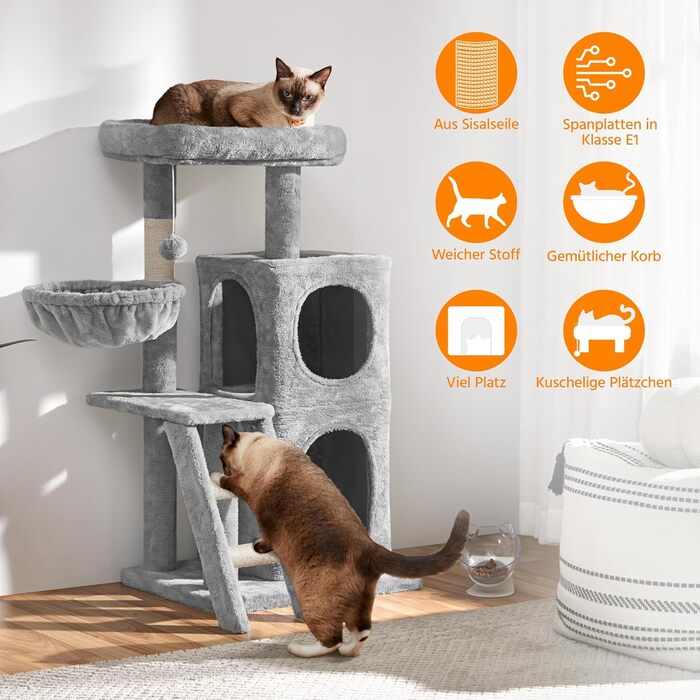 Yaheetech Cat Tree 94 cm high, Cat Climbing Tree for Cats, with Sisal Posts, Caves, Large Platform, Basket, Plush Balls, Light Grey