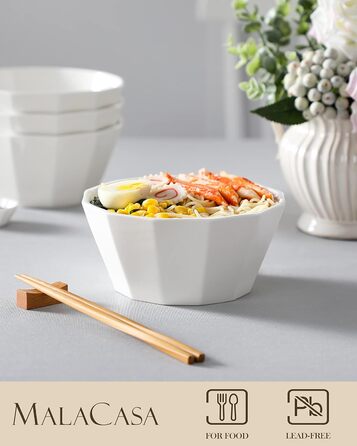 Набір мисок MALACASA Serie Regular (4 шт.) – 800 мл, 1020 мл, кераміка, для мюслі, супу, рамен (білий)