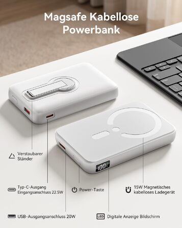 Магнітний Power Bank для MagSafe 12000mAh 22.5W з PD, LED-дисплеєм та USB-C для iPhone 17/16/15/14/13/12 Pro Max, білий