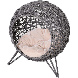 PawHut Rattan Cat House with Cushion, Cat Sleeping Place, Cat Cave with Raised Feet, Natural Ø52 x 58 cm (Silver Grey)