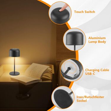 Акумуляторний LED світильник Klighten настільний диммований, чорний, алюміній, IP54, 21 см. З USB-C, 3 кольори світла (3000K-6000K)