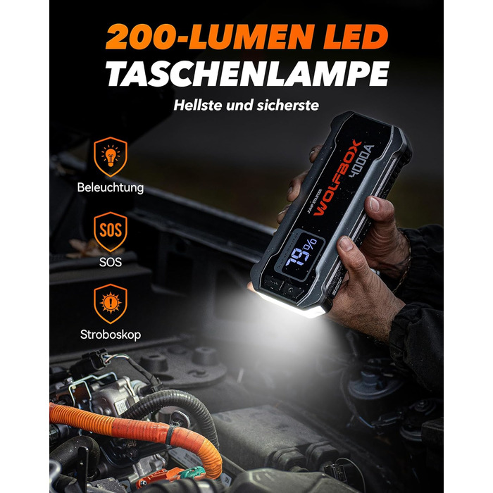 WOLFBOX Powerbank для запуску авто 4000A, 12V, з LED-ліхтарем та великим екраном, для легкових автомобілів, SUV, вантажівок та мотоциклів