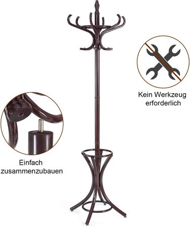 GIANTEX Coat Rack with Umbrella Stand, Clothes Rack Wood with 12 Clothes Hooks, Wooden Coat Tree Freestanding, Standing Coat Rack for Entryway Living Room (White) (Brown)