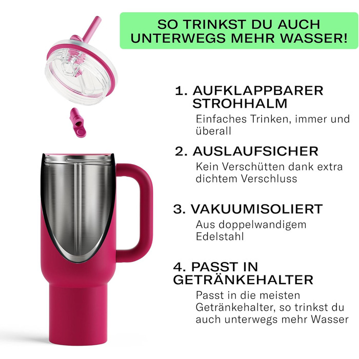 Waterdrop® Insulated Stainless Steel Tumbler with Straw - 1.1L Leak-Proof, Durable Travel Mug, Keeps Drinks Cold for 12 Hours, with Lid - Winter White (Wildberry)