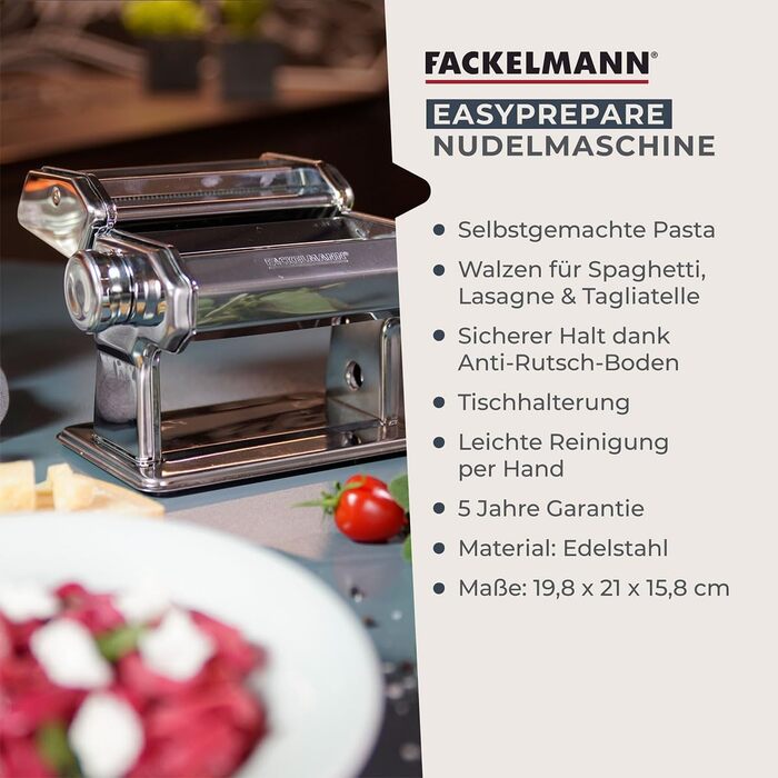 Машина для приготування пасти Fackelmann Easyprepare, насадки для лазаньї, тальятеле, спагеті, з фіксатором і нековзною основою, біло-синя