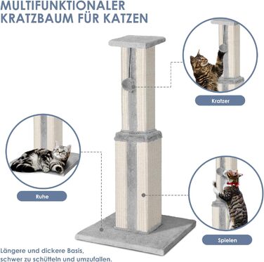 Zonema Kratzbaum-Kratzstamm Scratching Post with 80 cm Scratching Column for Small and Large Cats, Sisal Rope Cat Scratching Post with 1 Interactive Ball, Scratching Post Cat Furniture, for Indoor Activity, Play (79cm Scratching Post, Grey)