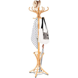 COSTWAY 184cm Wardrobe Rack with Umbrella Holder, Coat Rack with 12 Clothes Hooks, Clothes Rack made of Wood, Freestanding Wardrobe for Entryway, Living Room, and Bedroom (Natural)
